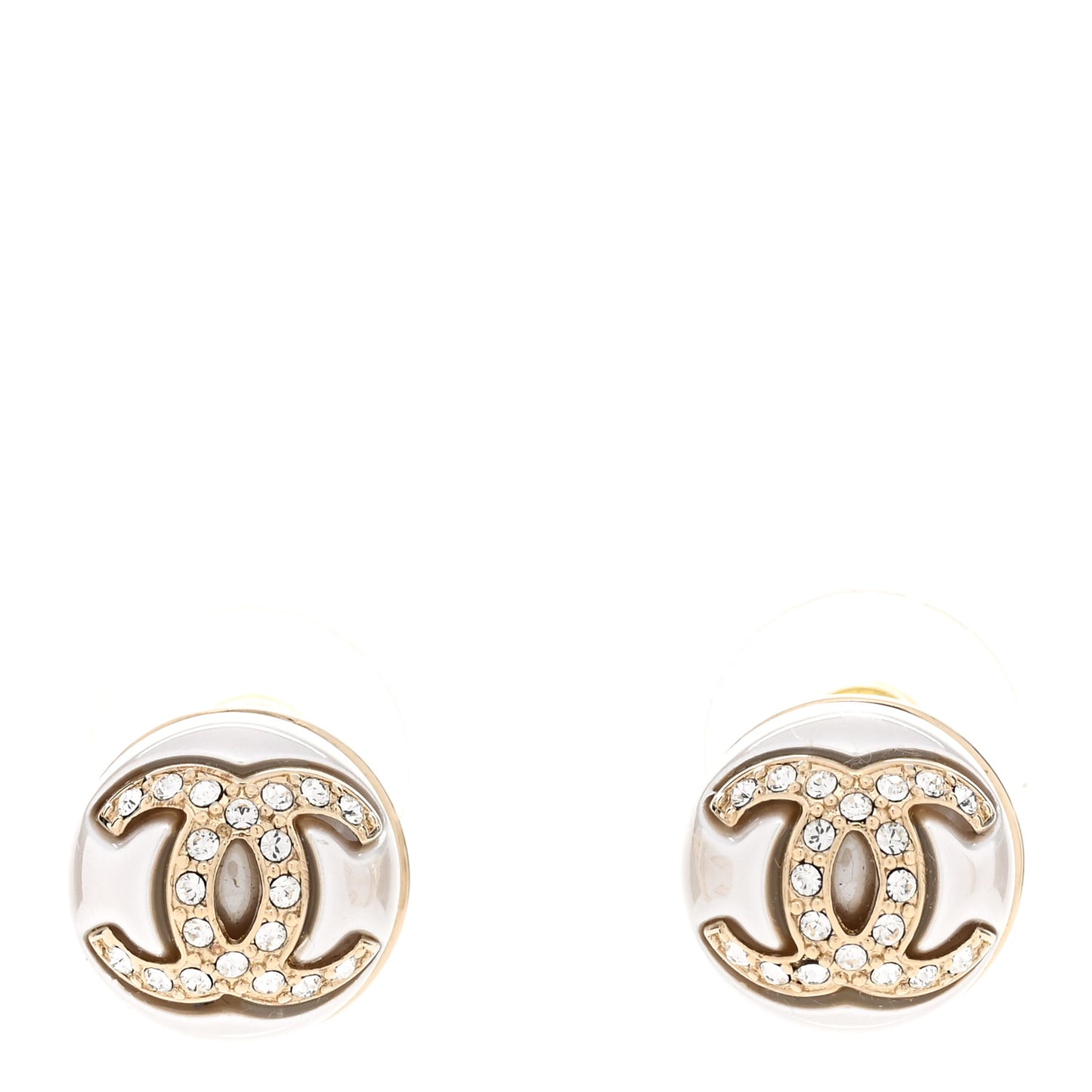 Pearl Crystal Metal CC Round Earrings Gold
