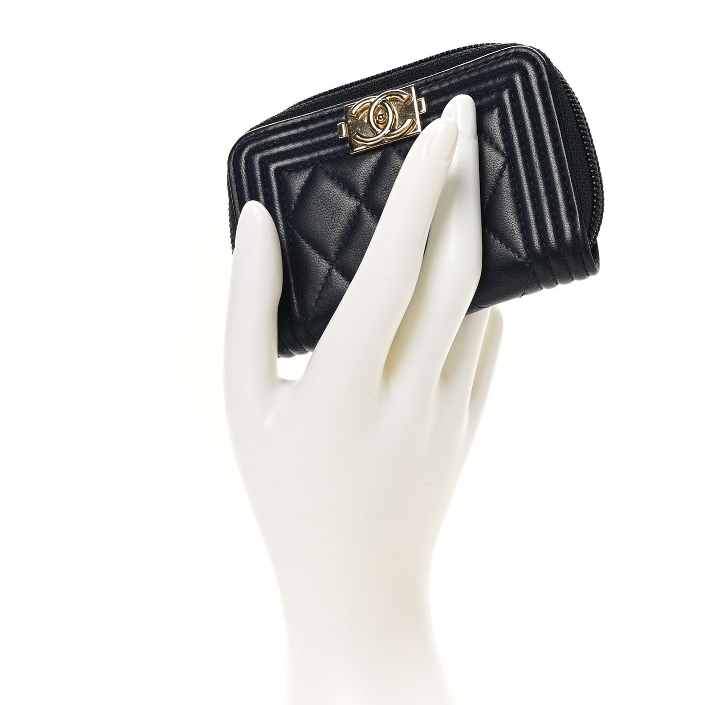 Lambskin Quilted Zip Around Boy Coin Purse Wallet Navy