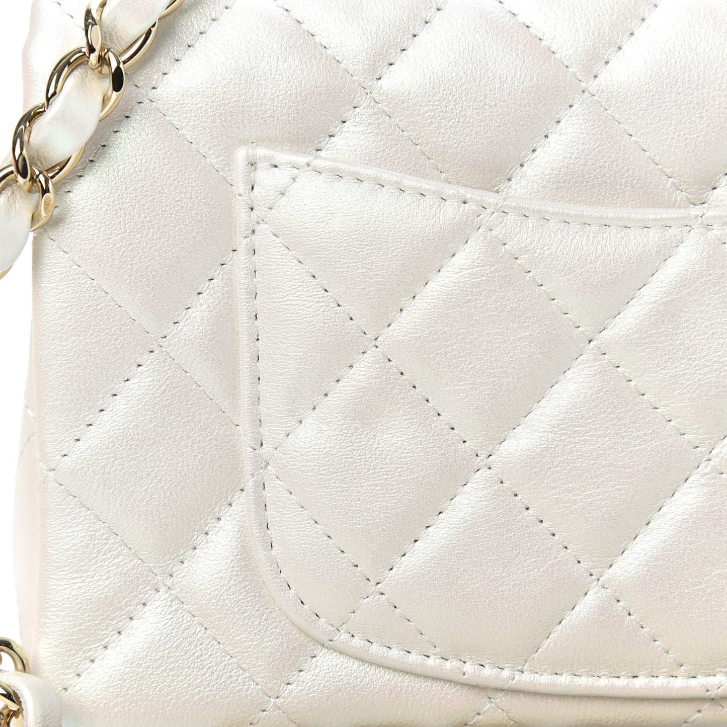 Iridescent Calfskin Quilted Mini Rectangular Flap White