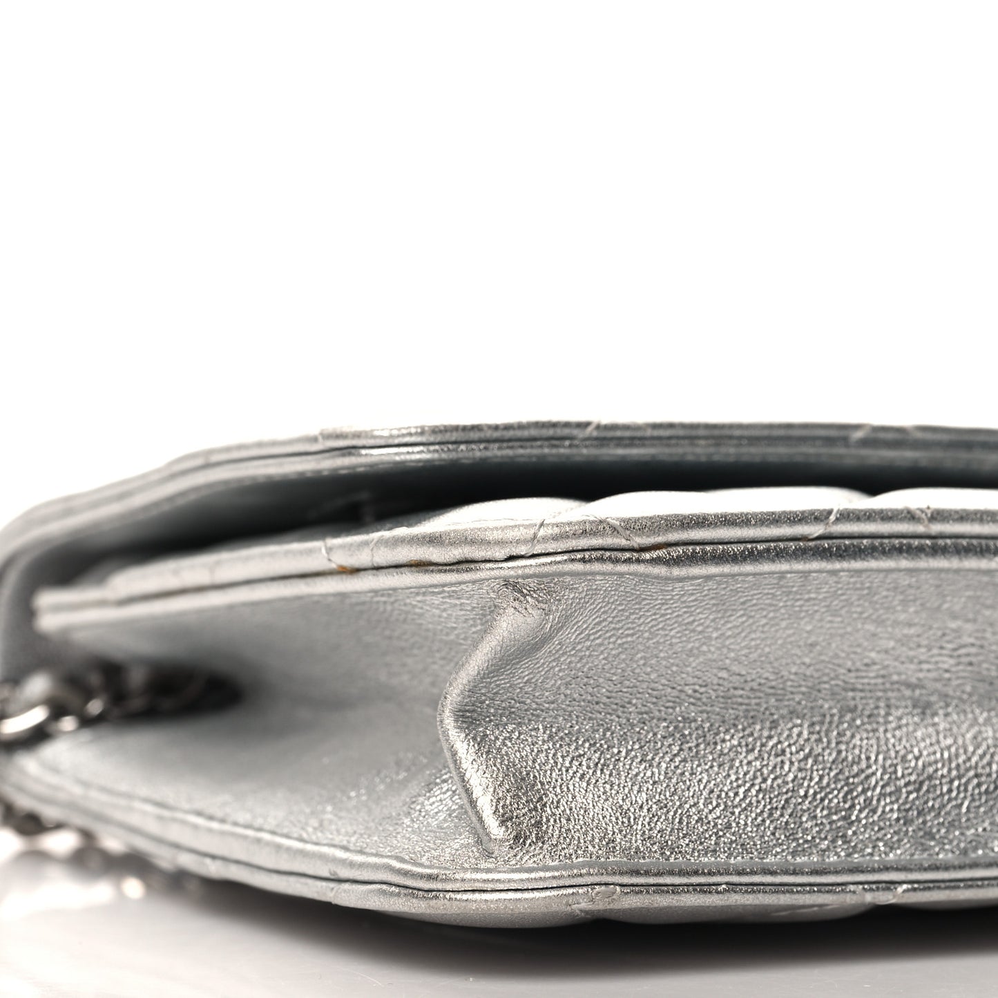 Metallic Lambskin Quilted Wallet On Chain WOC Silver