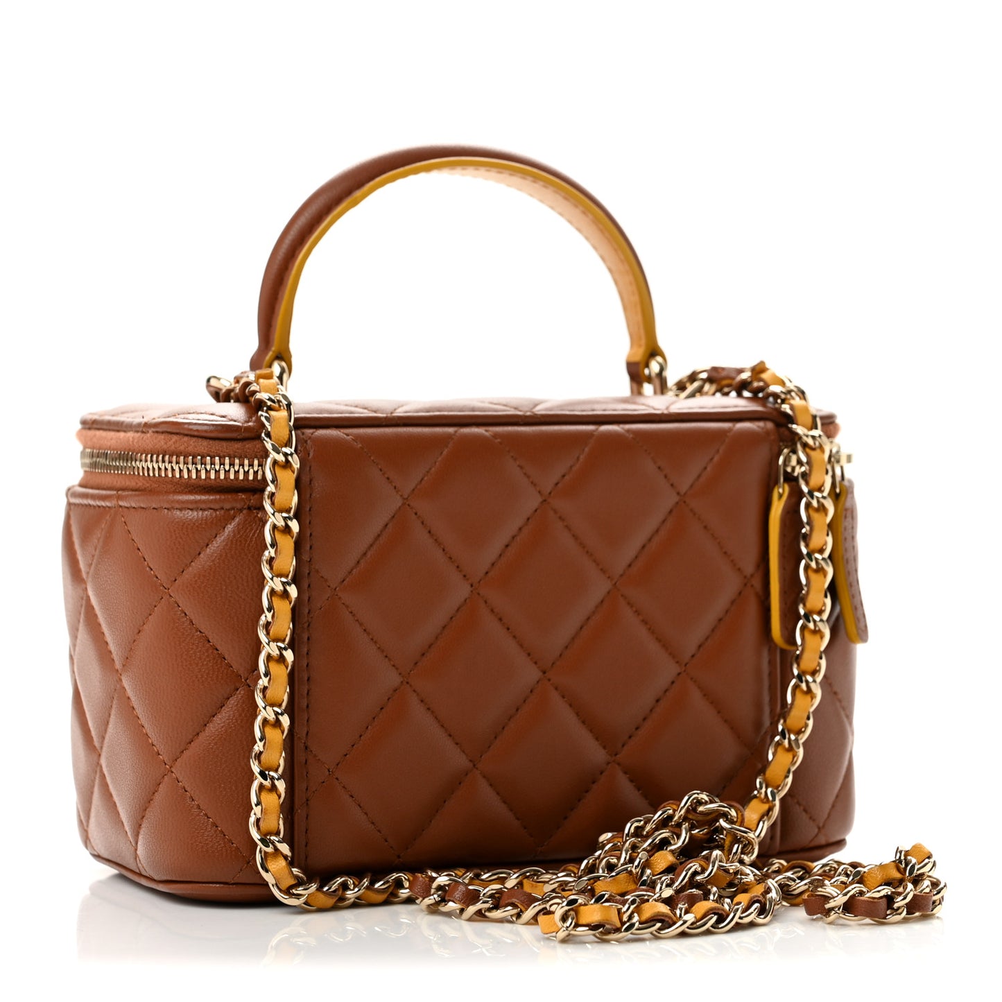 Lambskin Quilted Small Top Handle Vanity Case With Chain Light Brown Yellow