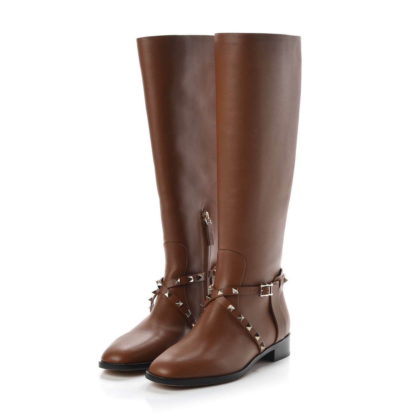 Calfskin Rockstud Knee High Flat Boots 40.5 Tan