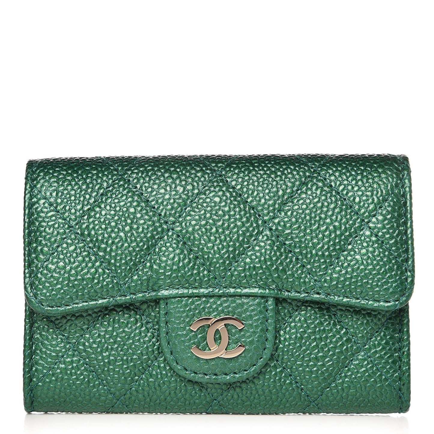 Metallic Caviar Quilted Card Holder Wallet Green