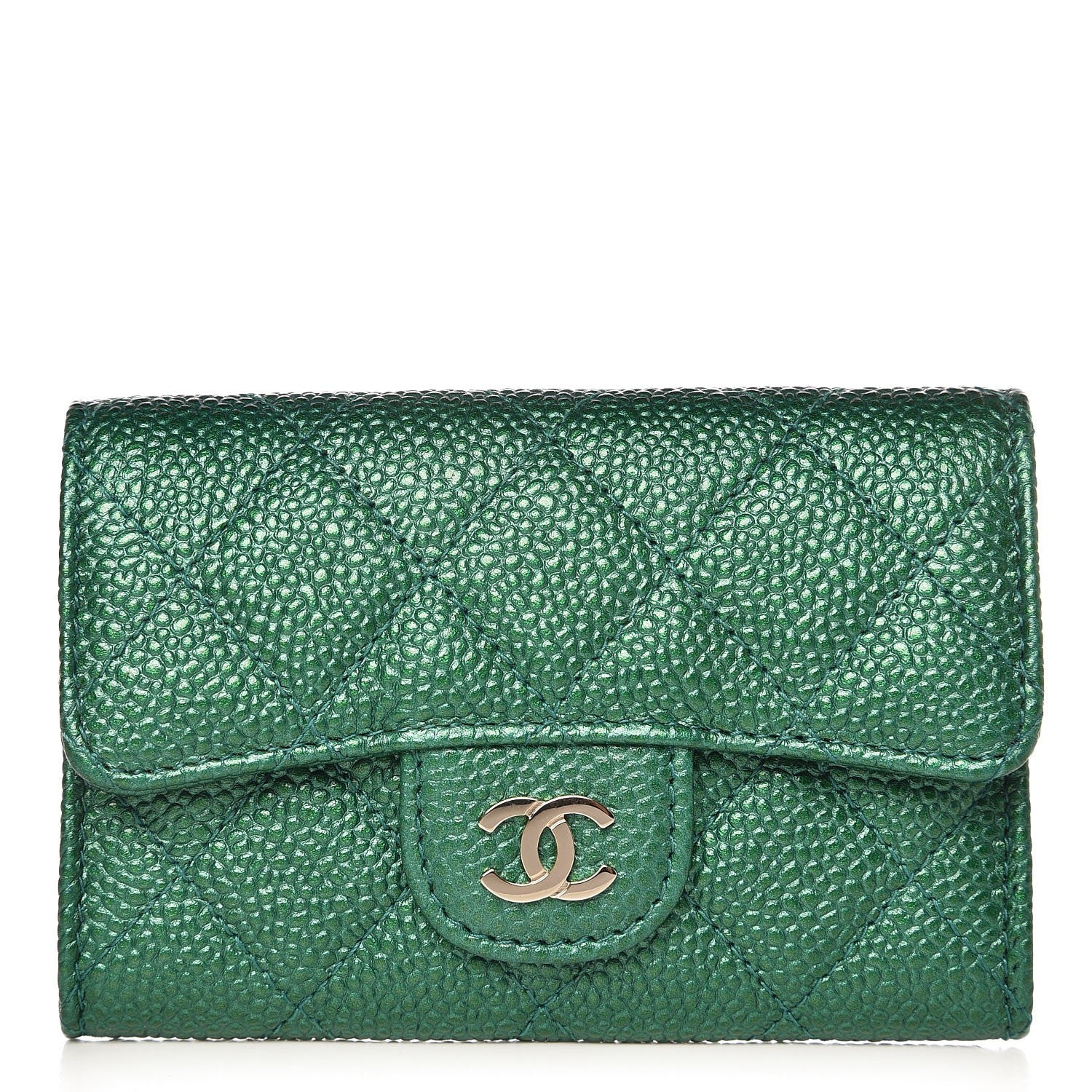Chanel Metallic Caviar Quilted Card Holder Wallet Green 1 of 9