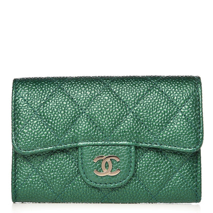 Chanel Metallic Caviar Quilted Card Holder Wallet Green 1 of 9