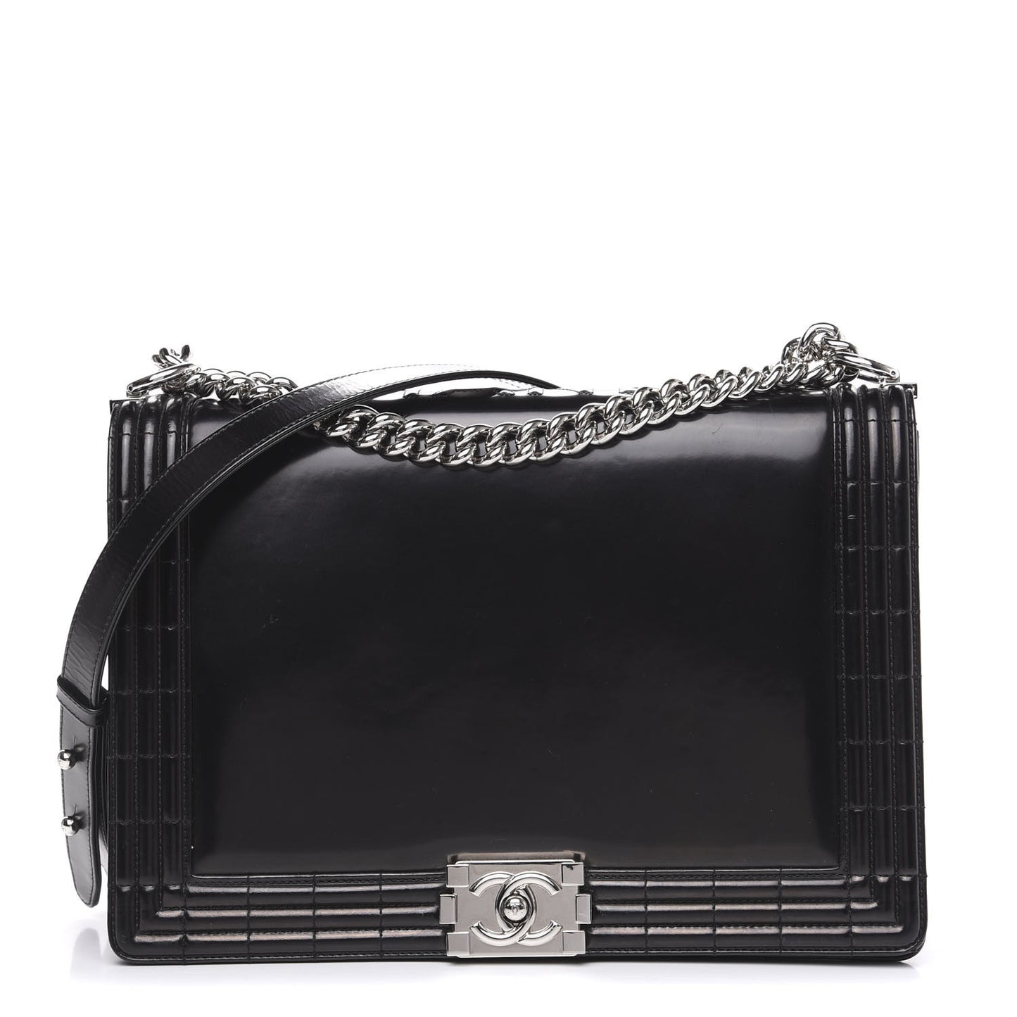 Glazed Calfskin Large Boy Flap Black