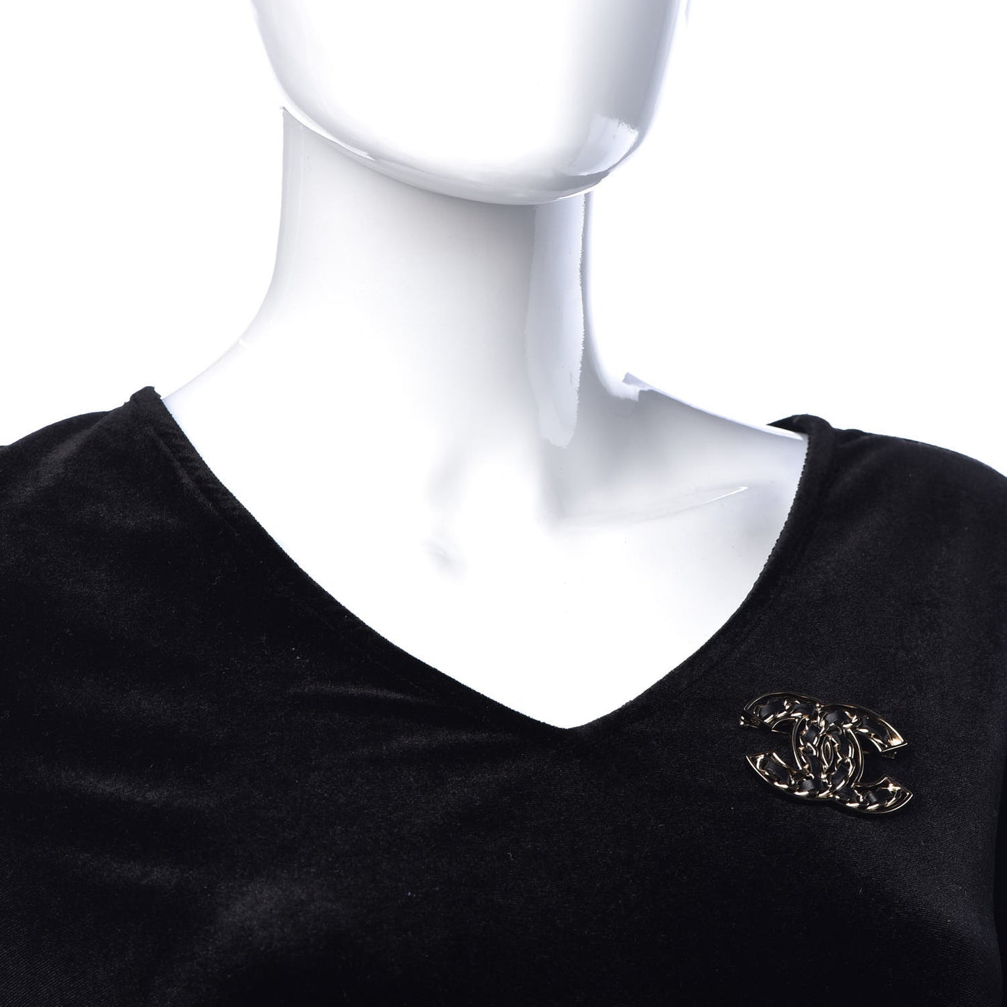 Metal Calfskin Chain CC Brooch Black Gold