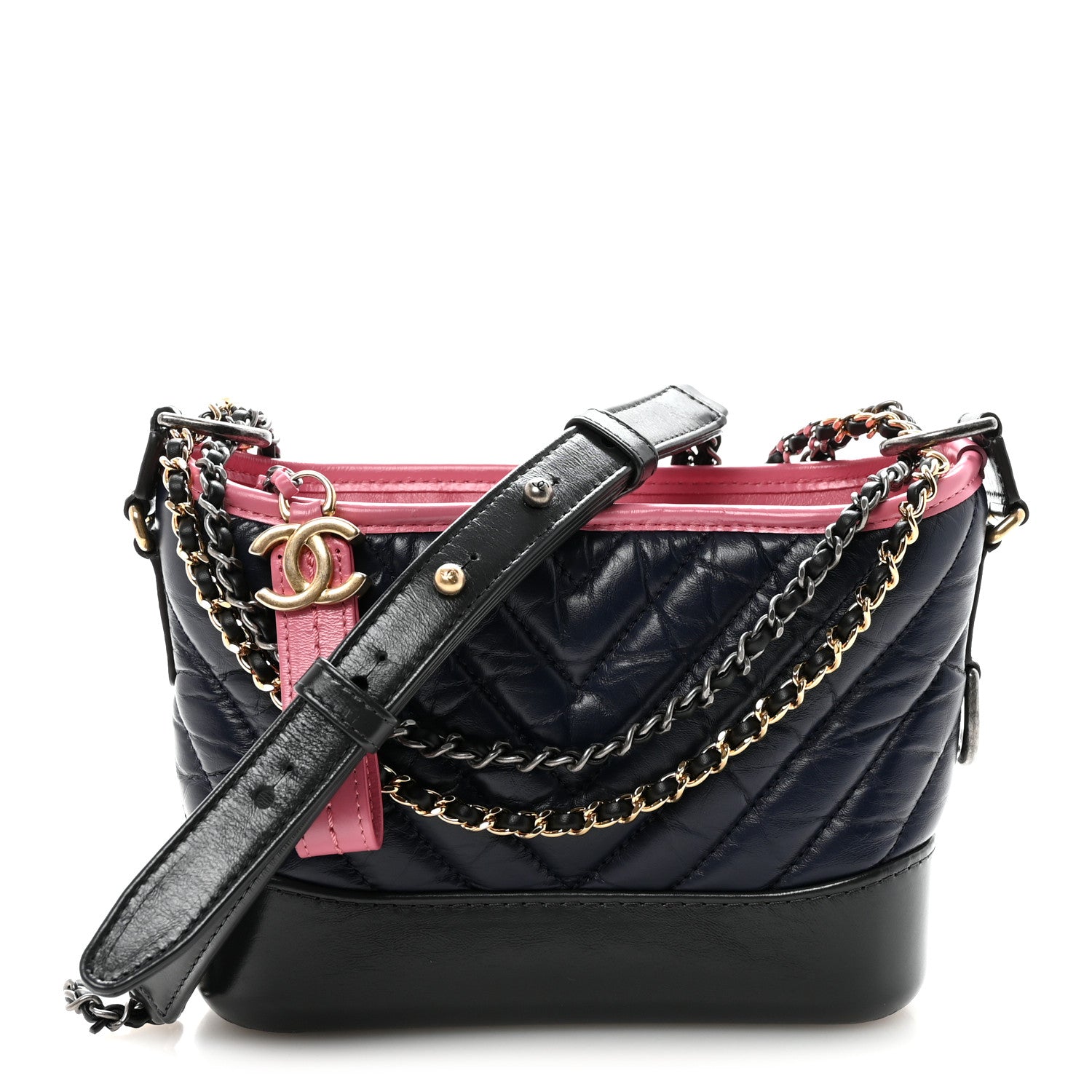 Chanel Aged Calfskin Chevron Quilted Small Gabrielle Hobo Dark Pink Navy 1 of 10