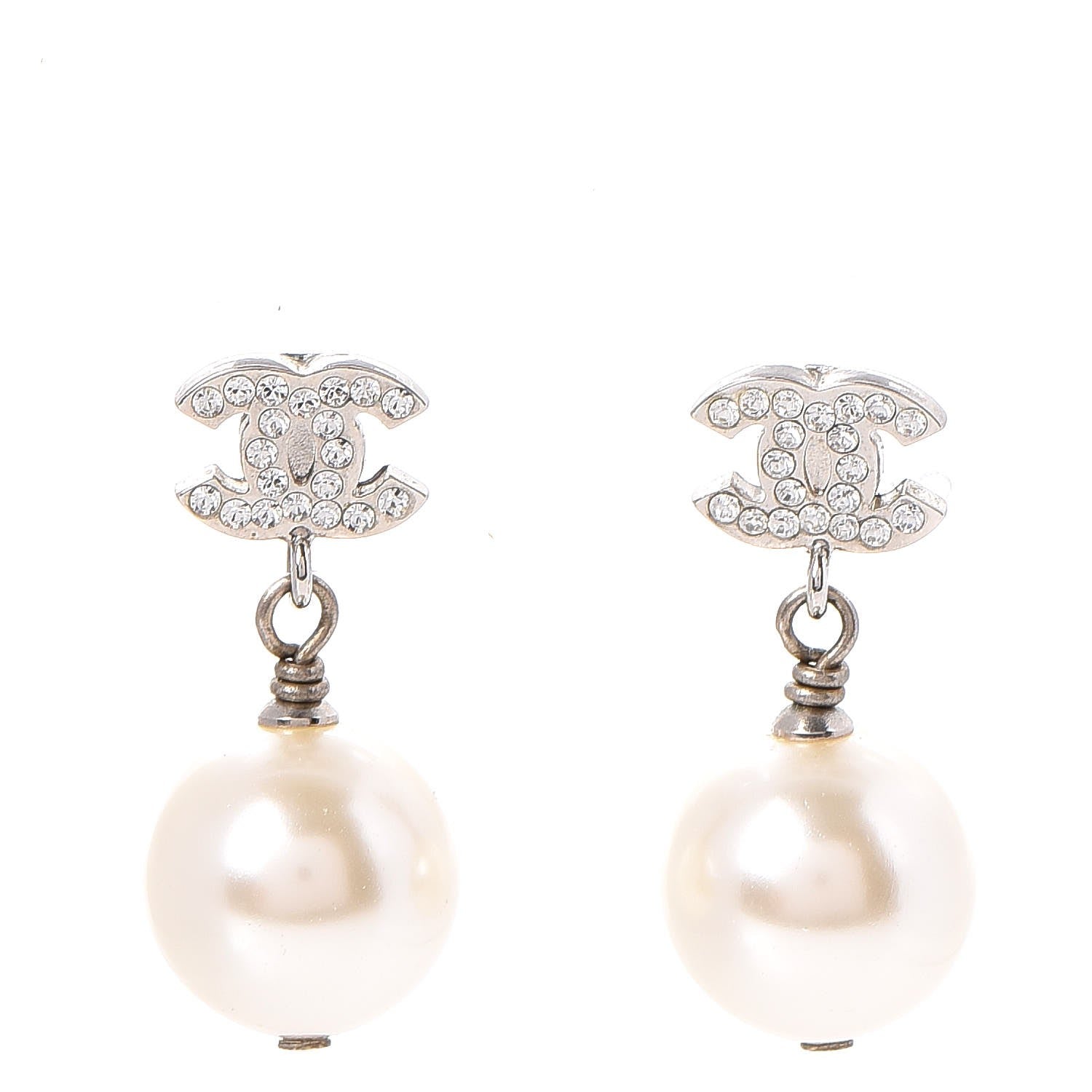 Chanel Crystal Pearl CC Drop Earrings Silver 1 of 6