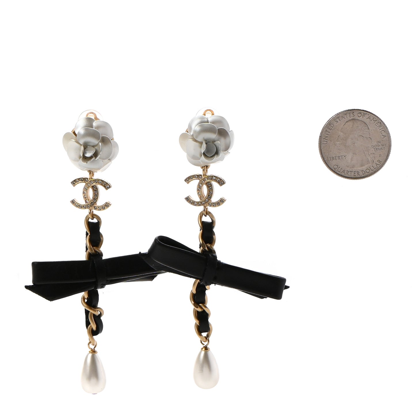 Calfskin Metal Pearl 90’s Camellia CC Drop Earrings Gold Black