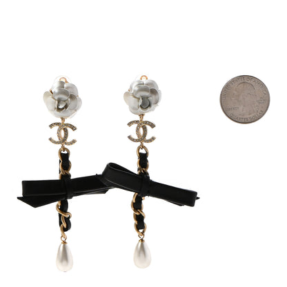 Chanel Calfskin Metal Pearl 90’s Camellia CC Drop Earrings Gold Black 2 of 4