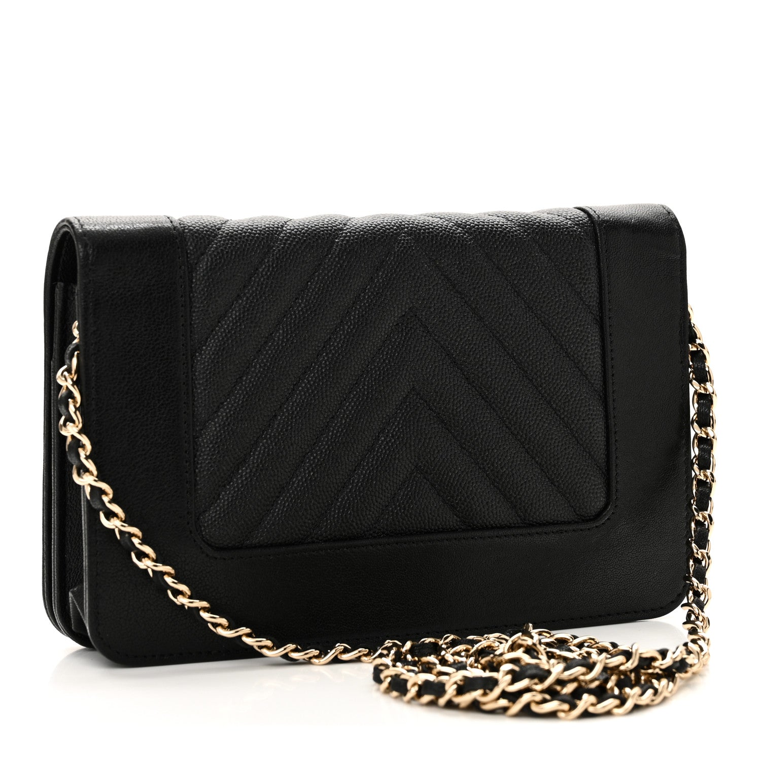 Chanel Caviar Sheepskin Chevron Quilted Vintage Mademoiselle Wallet On Chain WOC Black 3 of 11