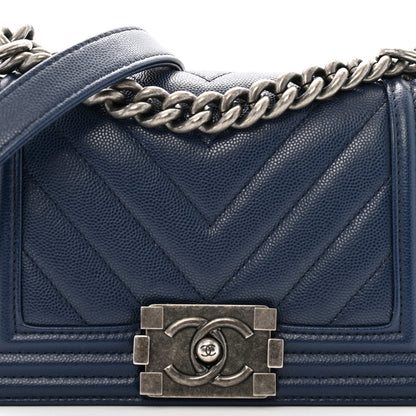 Chanel Caviar Chevron Quilted Small Boy Flap Navy Blue 8 of 13