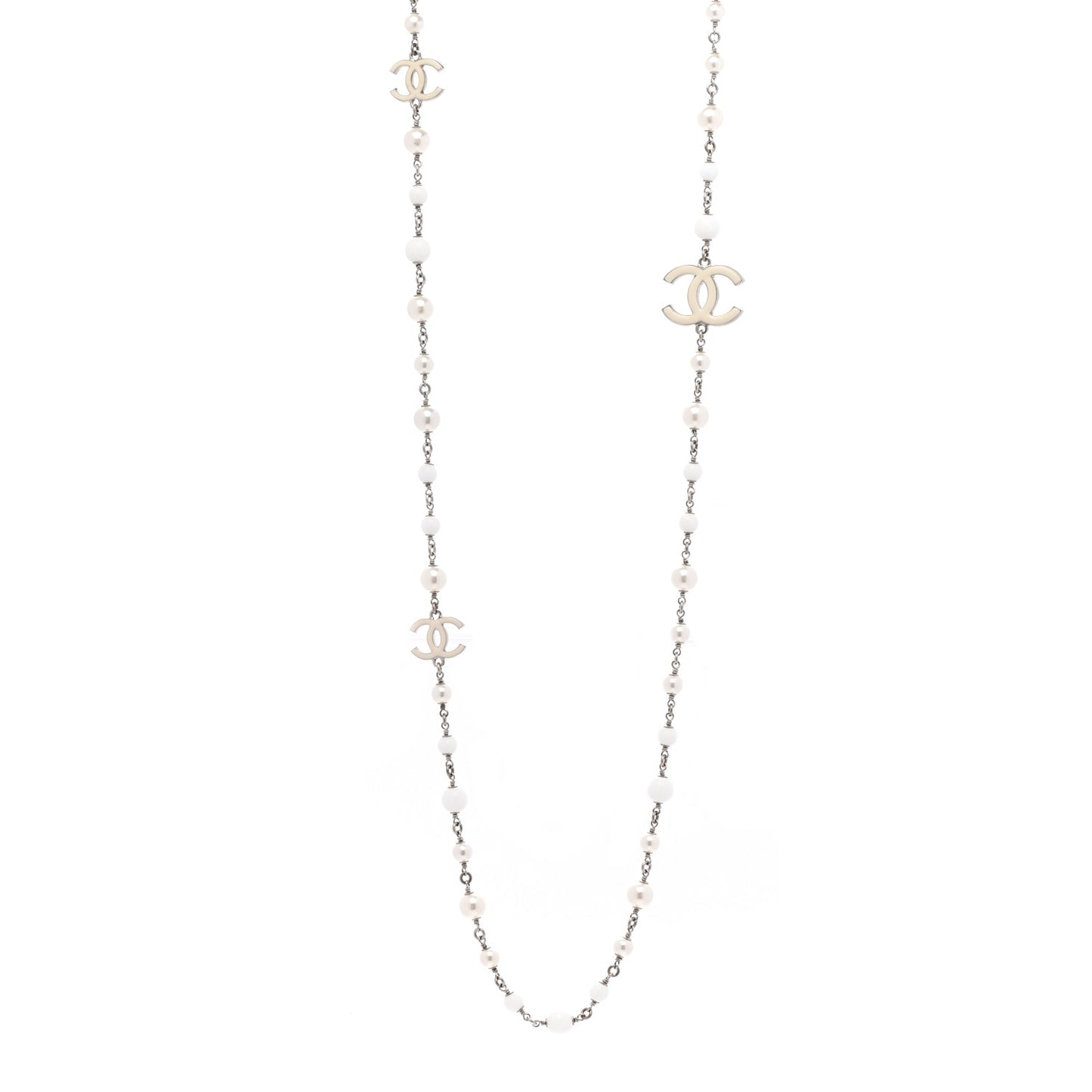 Pearl Beaded Enamel CC Long Necklace White