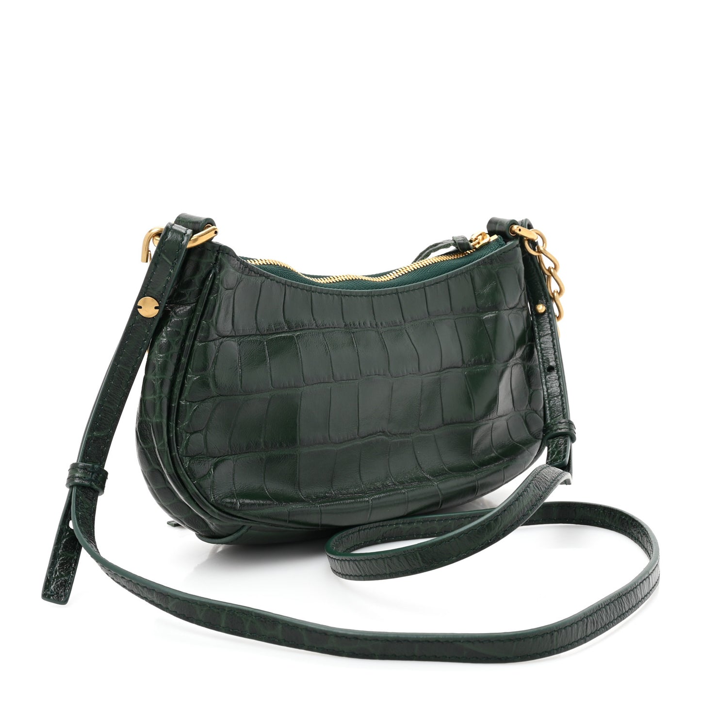 Extra Supple Calfskin Crocodile Embossed Mini Le Cagole Purse With Chain Forest Green