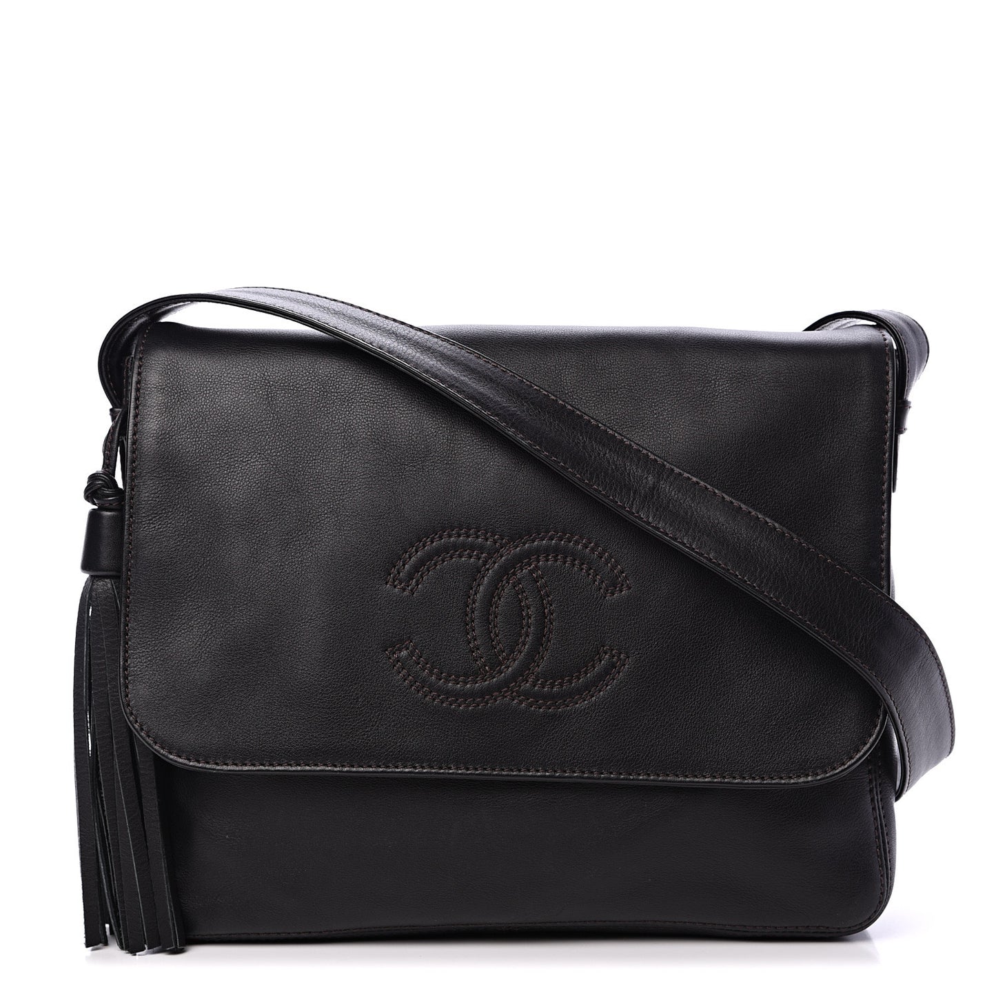 Calfskin CC Tassel Shoulder Flap Bag Dark Brown