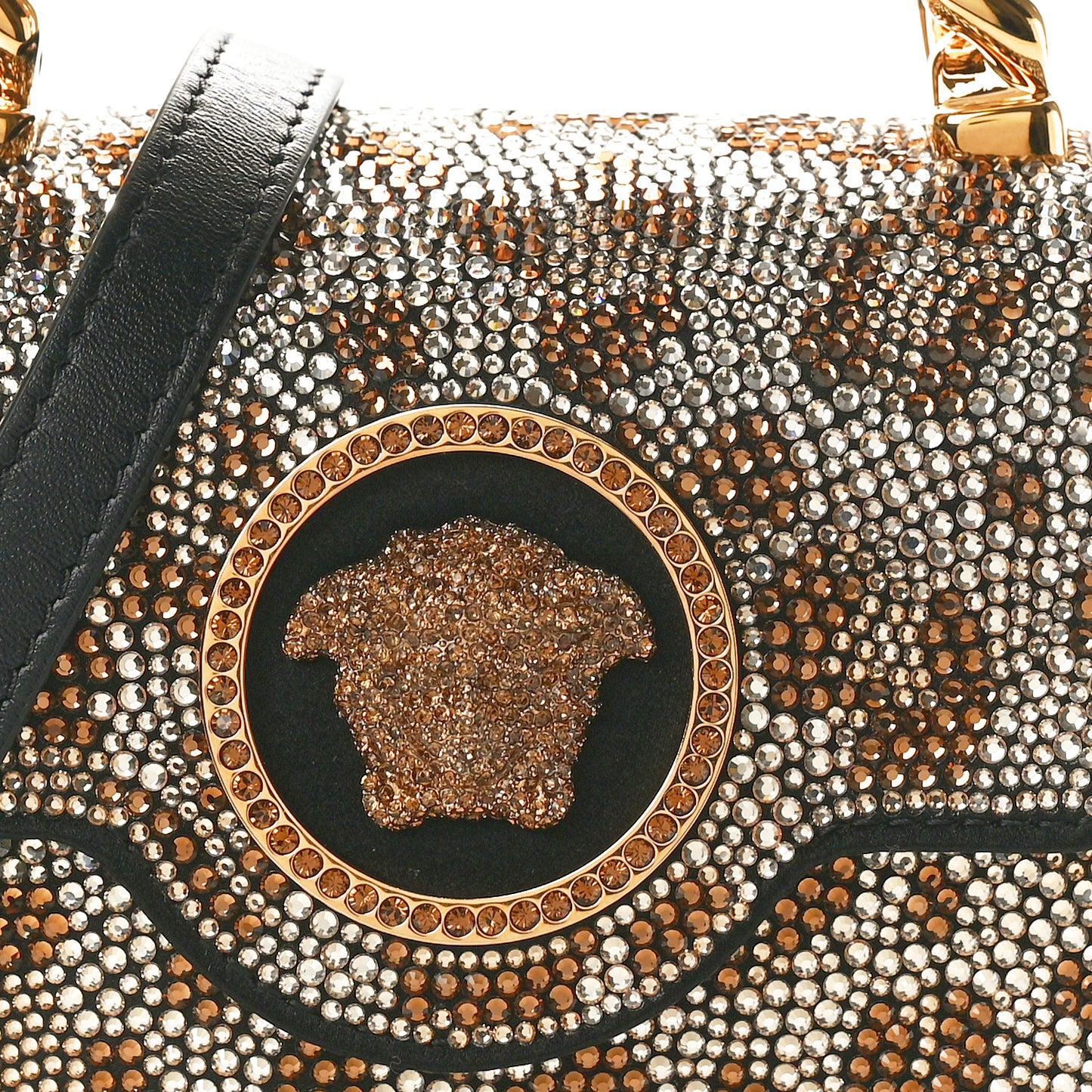 Satin Crystal Studded Leopard Mini La Medusa Bag Black