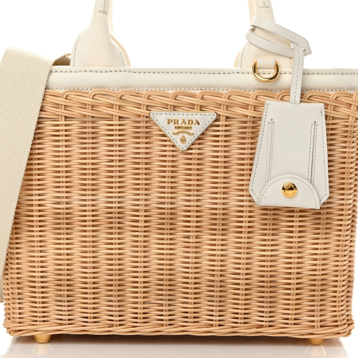 Canvas Wicker Shoulder Bag White Tan