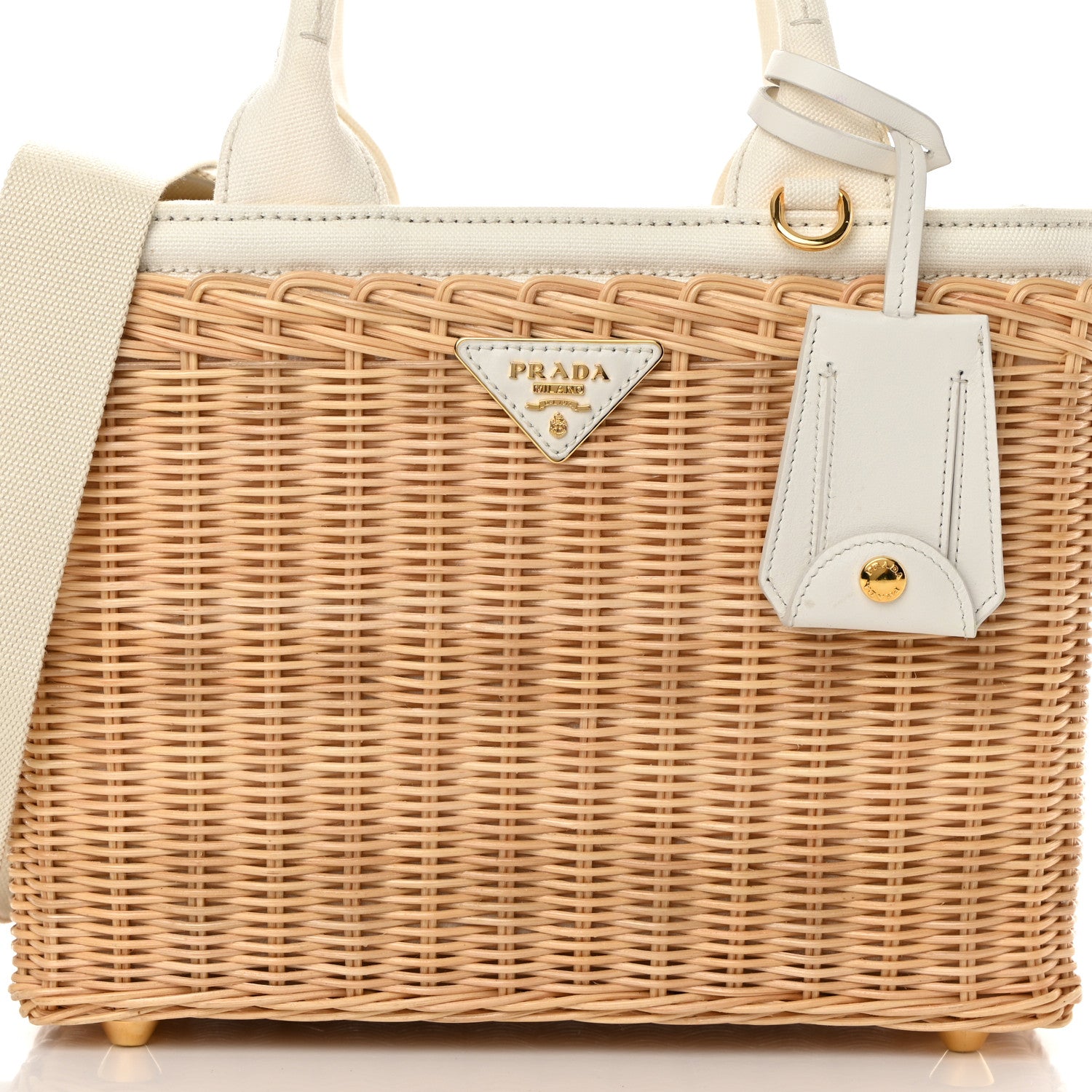 Prada Canvas Wicker Shoulder Bag White Tan 8 of 14