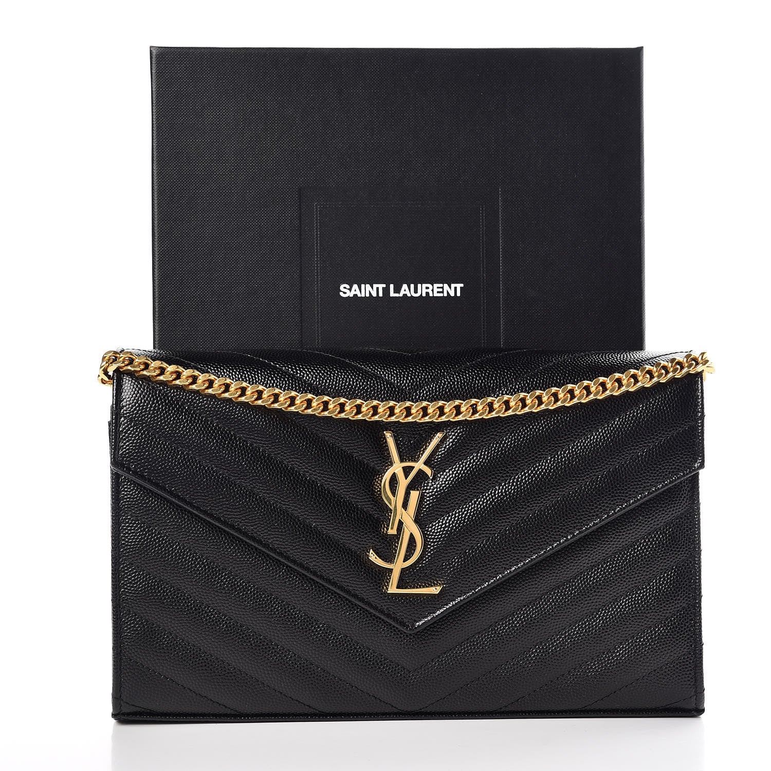 Saint Laurent Grain De Poudre Matelasse Chevron Monogram Chain Wallet Black 10 of 10