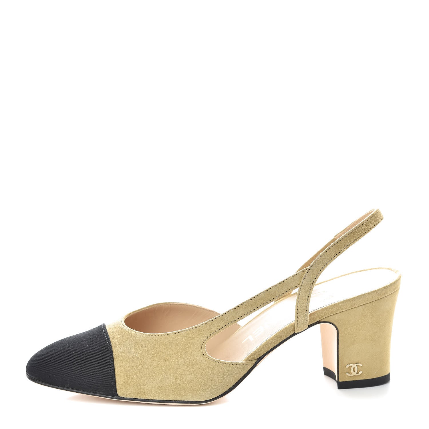 Chanel Kid Suede Grosgrain Cap Toe CC Slingback Sandals 36.5 Beige Black 1 of 8