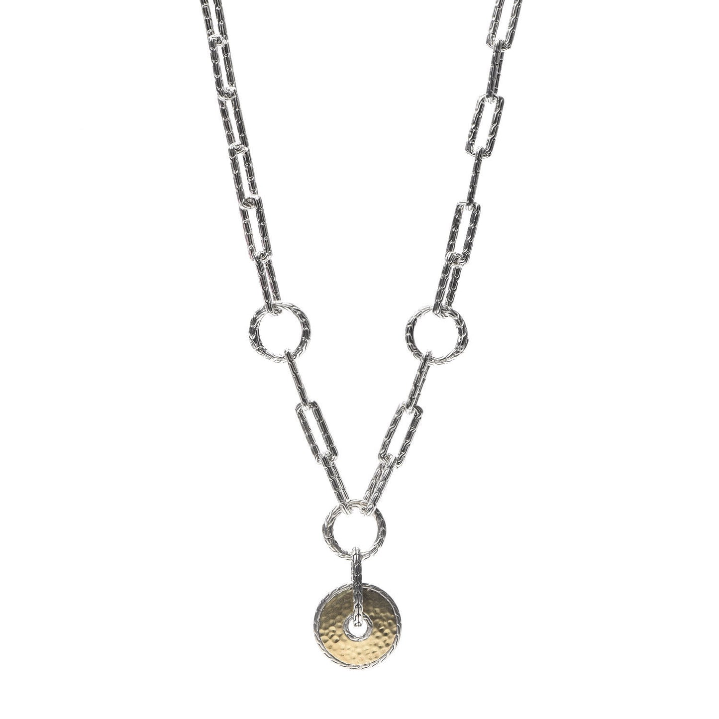 Sterling Silver 18K Yellow Gold Long Link Hammered Amulet Necklace