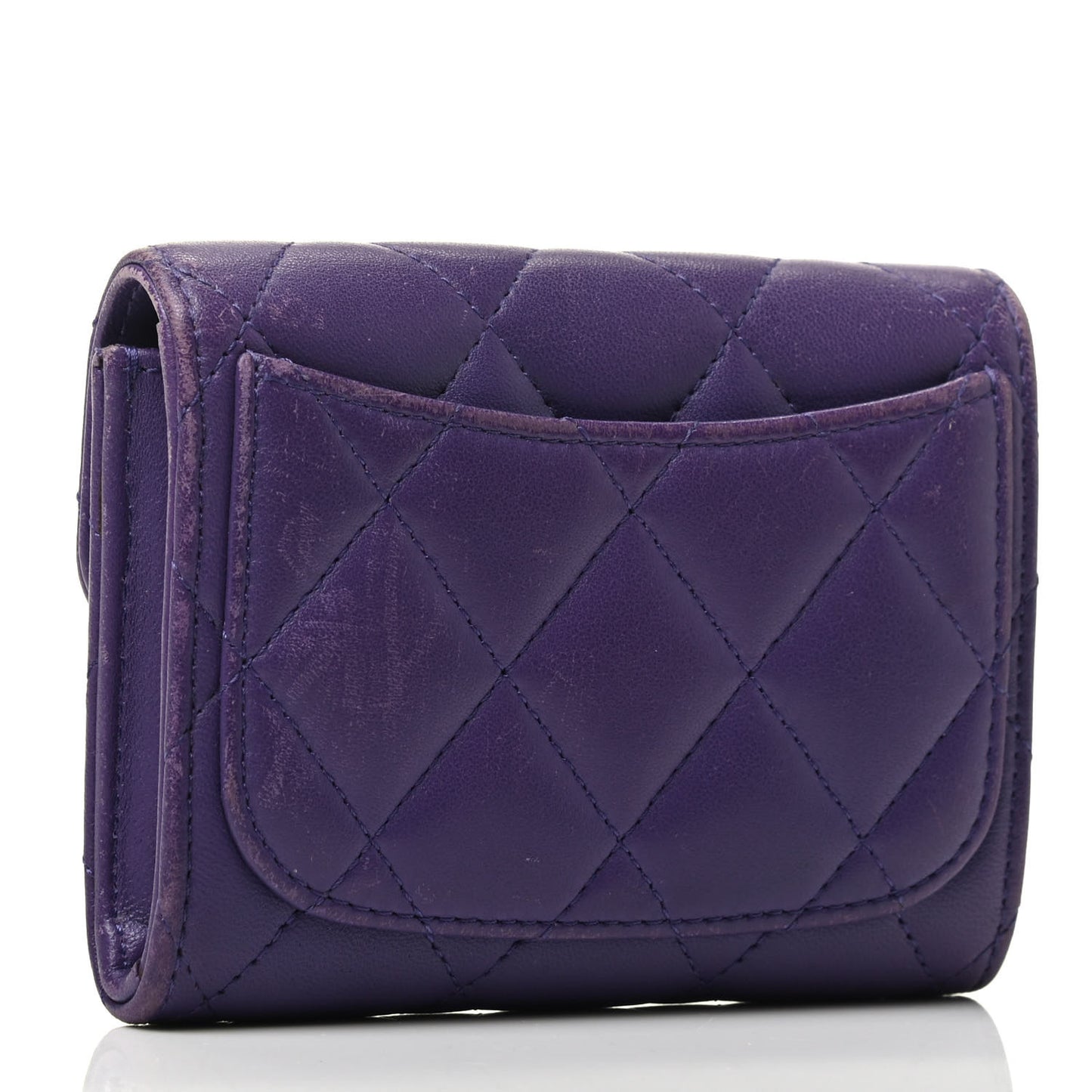 Lambskin Quilted Flap Card Holder Wallet Purple