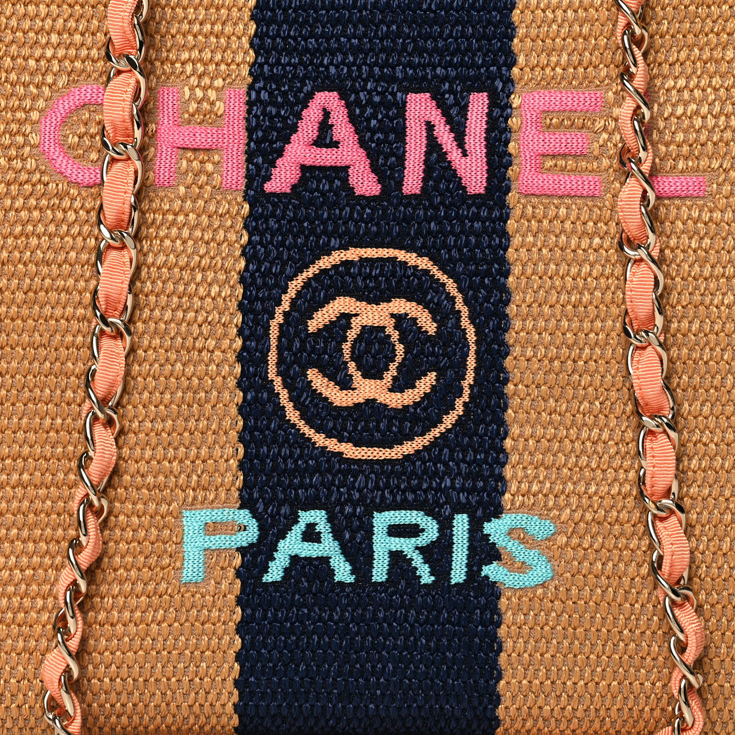 Chanel Straw Raffia Calfskin Striped Medium Deauville Tote Khaki Beige Navy Blue 8 of 10