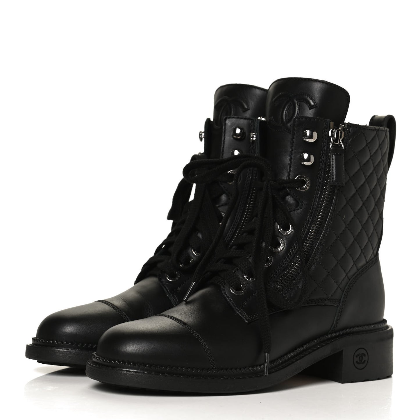 Calfskin Quilted Lace Up Combat Boots 36 Black