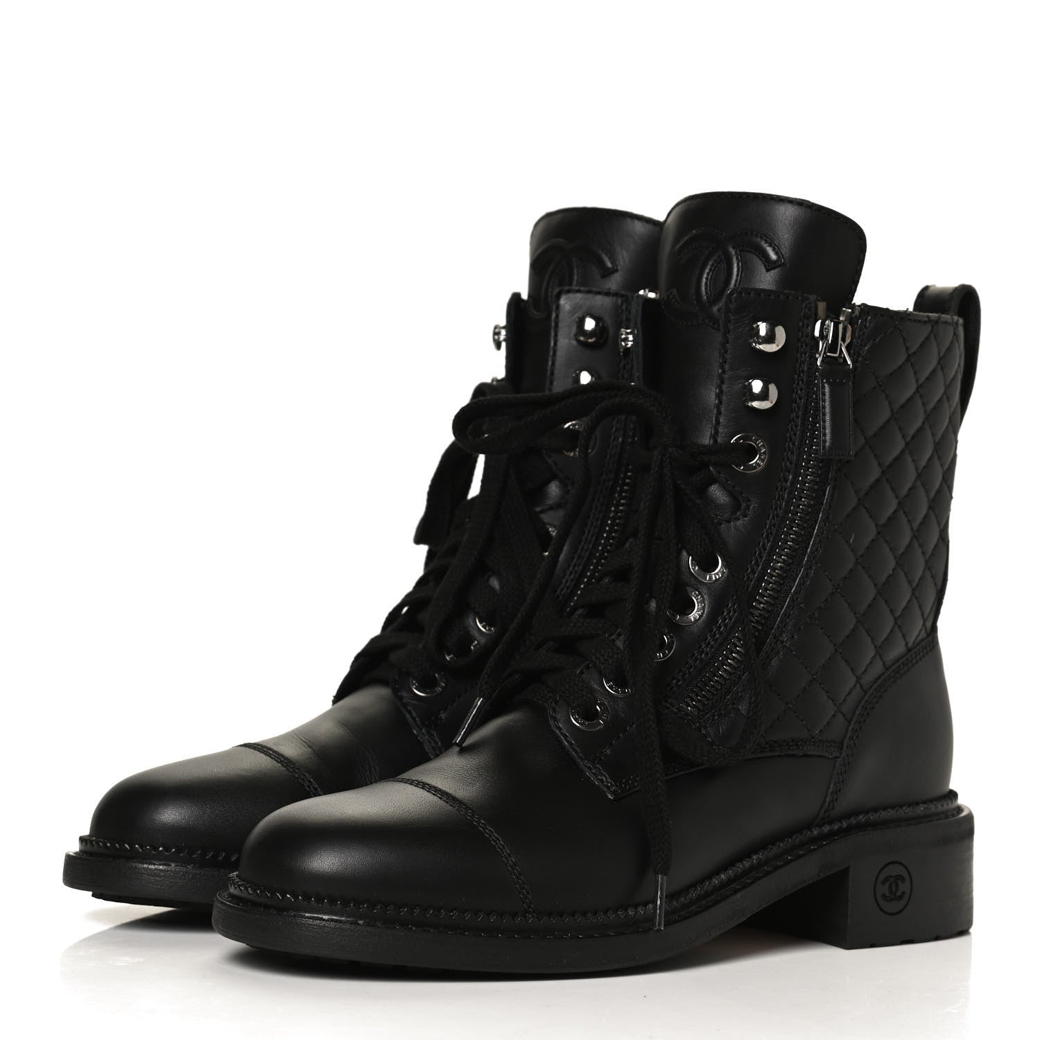 Chanel Calfskin Quilted Lace Up Combat Boots 36 Black 3 of 14