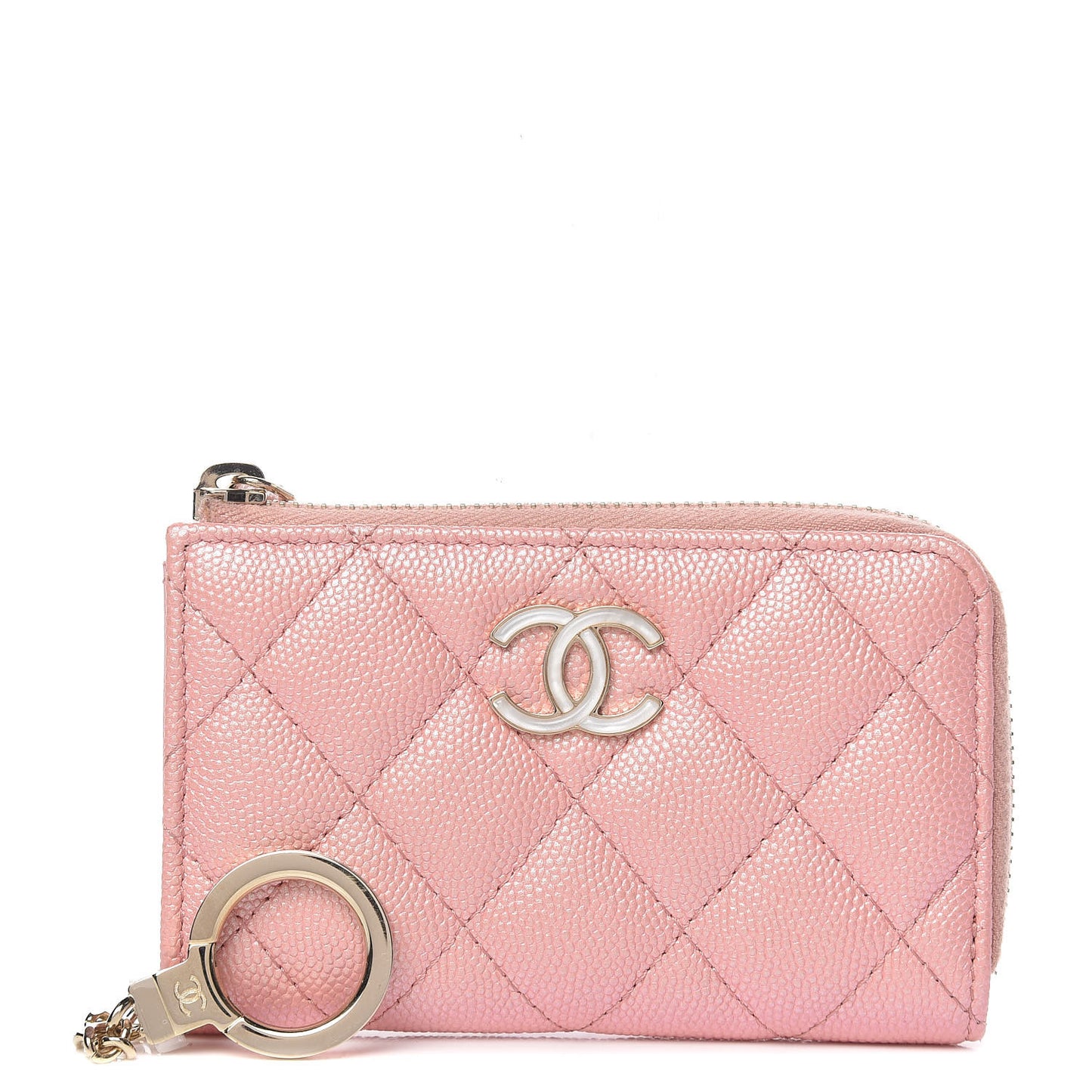 Iridescent Caviar Quilted Zipped Key Holder Case Rose Pink
