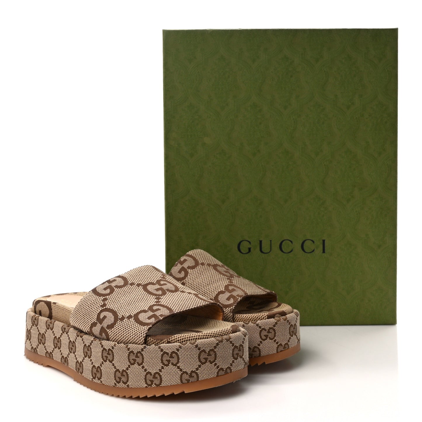 Monogram Maxi GG Angelina Platform 55mm Slide Sandals 38.5 Camel Ebony