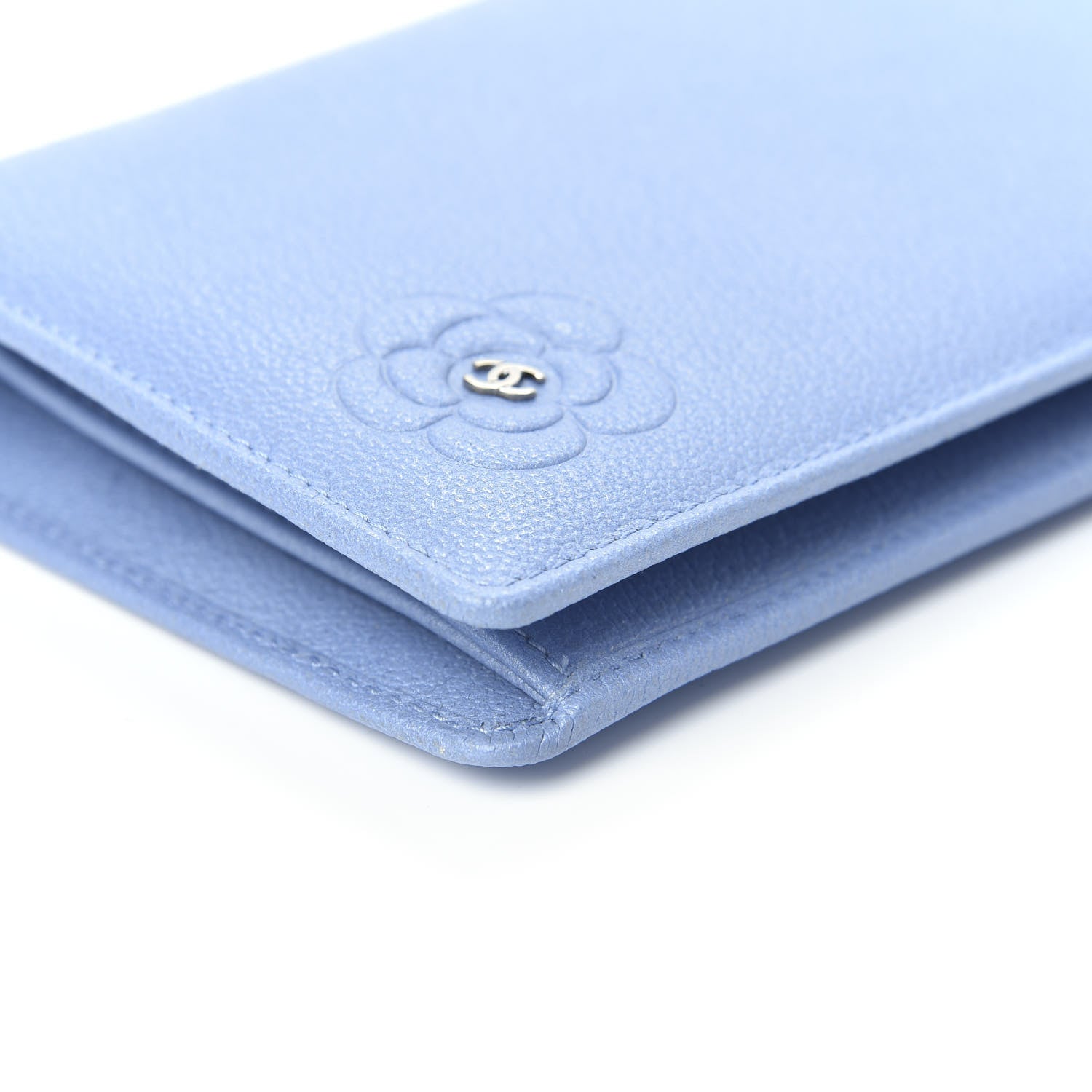 Chanel Goatskin Camellia Embossed Yen Wallet Blue 10 of 13
