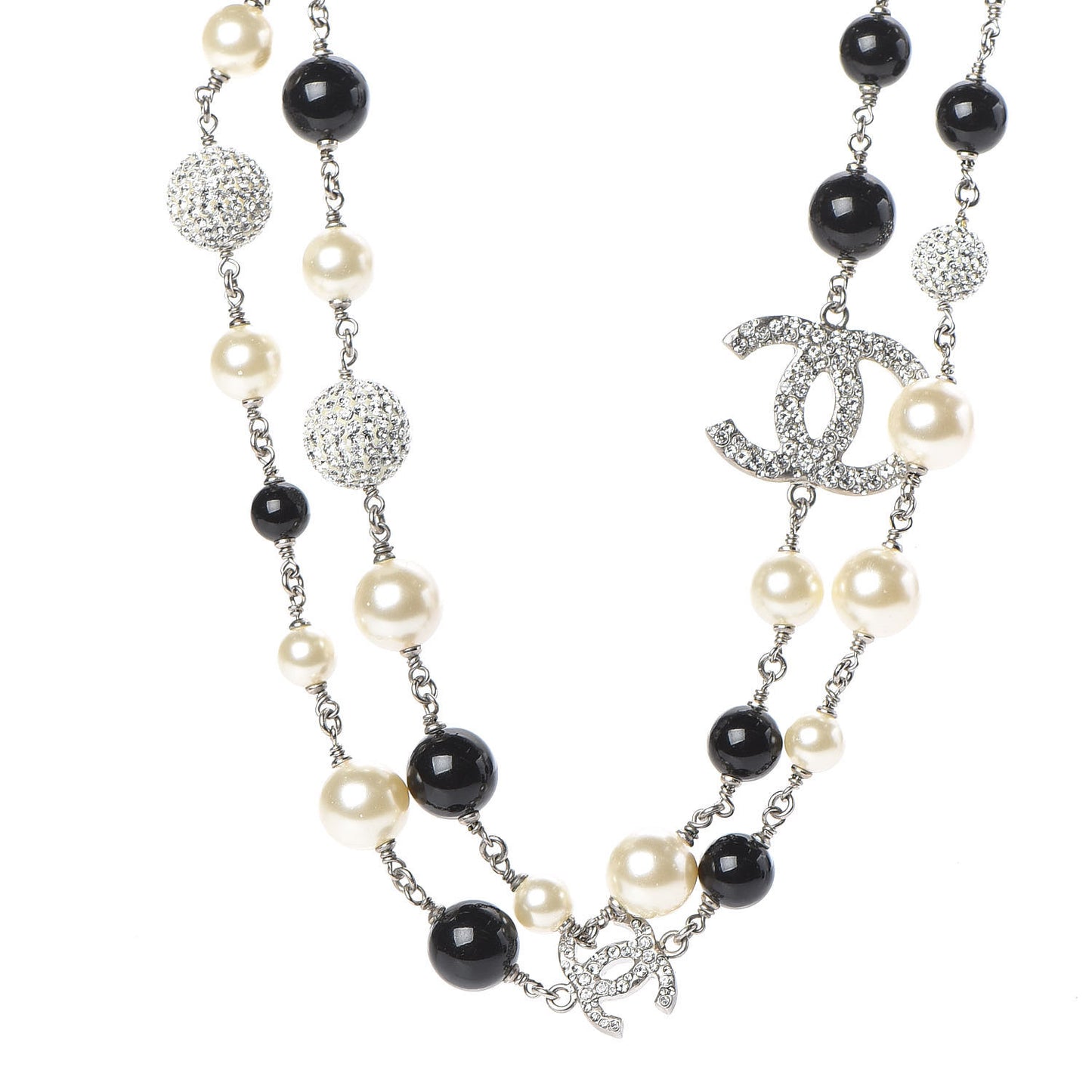 Pearl Crystal Bead CC Long Necklace Silver Black