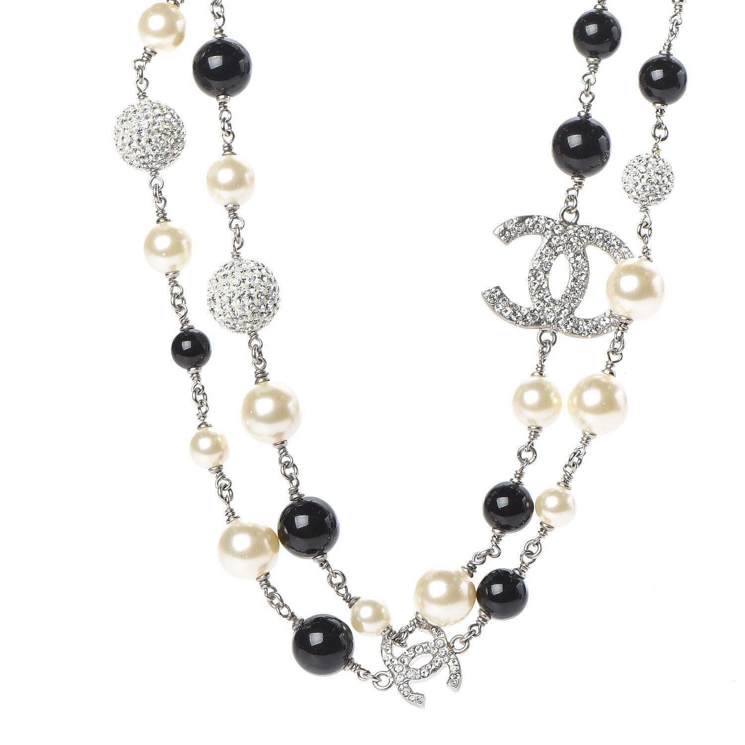 Chanel Pearl Crystal Bead CC Long Necklace Silver Black 1 of 4