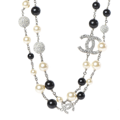 Chanel Pearl Crystal Bead CC Long Necklace Silver Black 1 of 4
