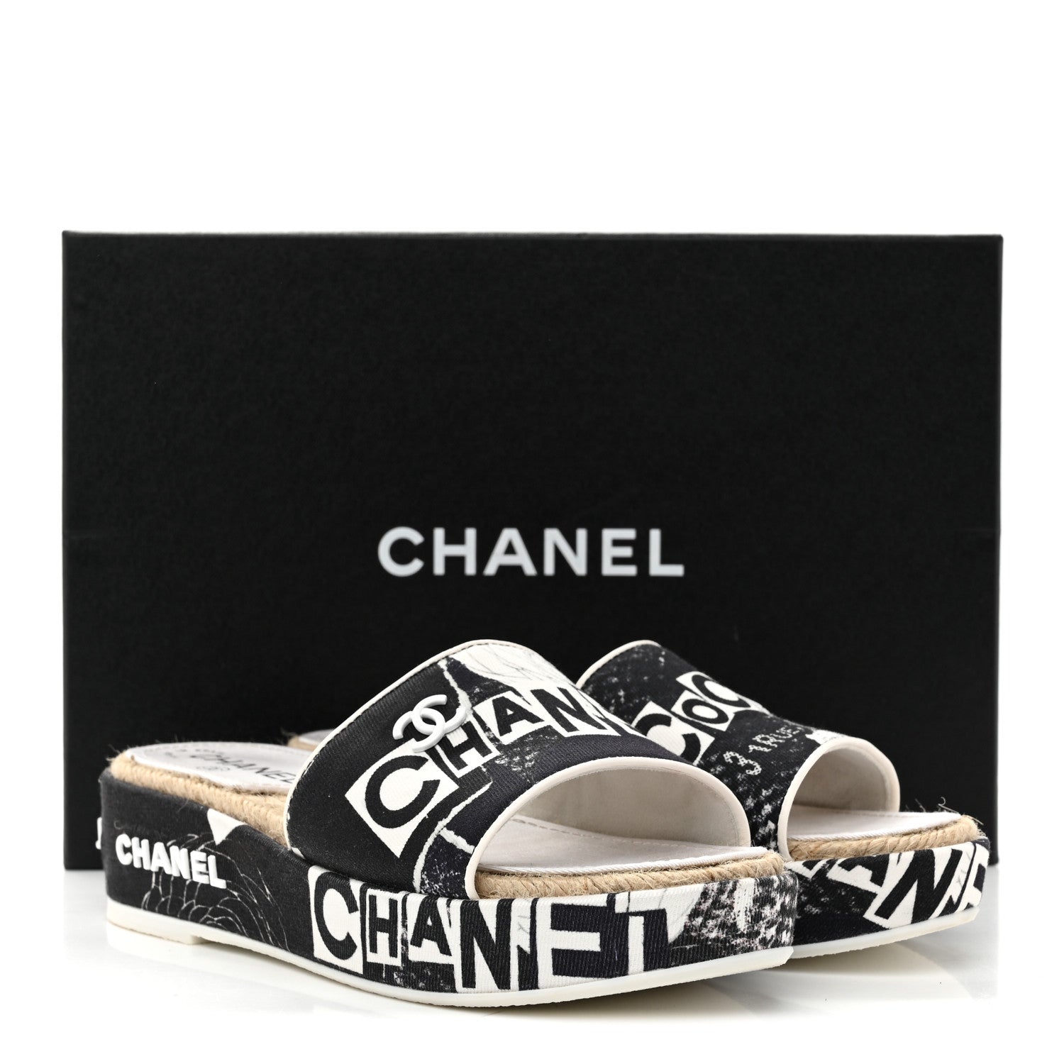 Chanel Fabric Grosgrain Printed CC Espadrille Slip On Sandals 36 Black White 11 of 11