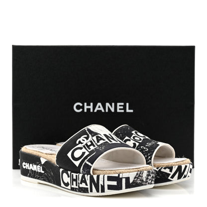 Chanel Fabric Grosgrain Printed CC Espadrille Slip On Sandals 36 Black White 11 of 11
