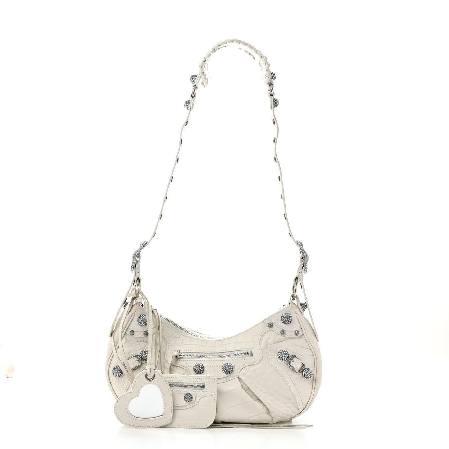 Extra Supple Calfskin Crocodile Embossed Small Le Cagole Shoulder Bag White