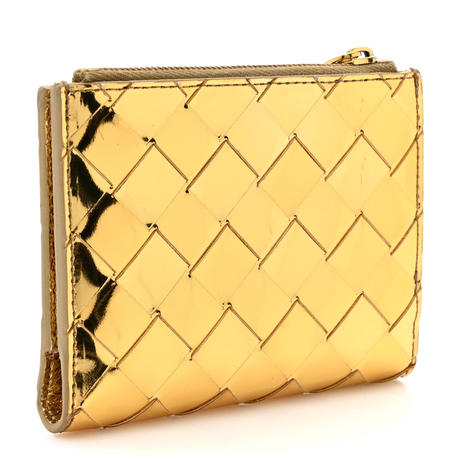 Bottega Veneta Mirror Laminated Nappa Intrecciato Small Bi-Fold Zip Wallet Gold 3 of 7
