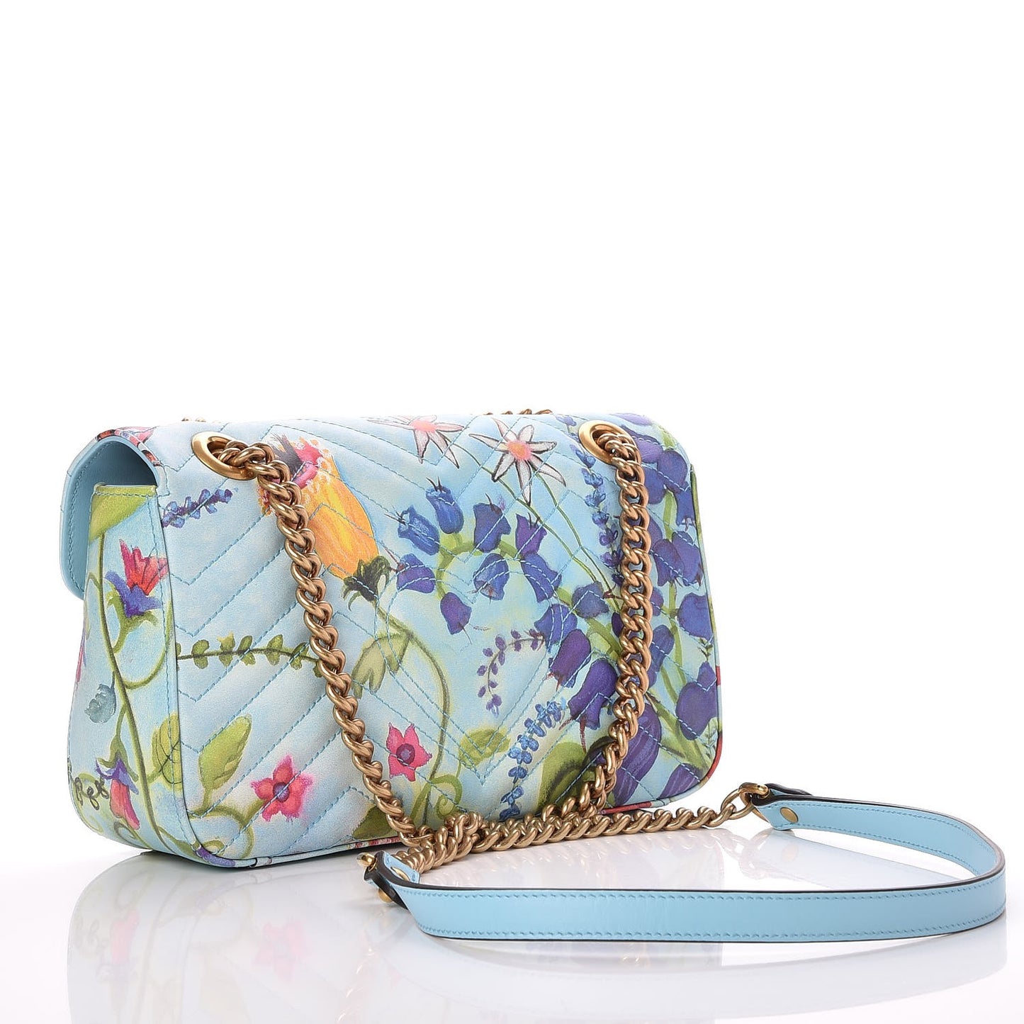 X UNSKILLED WORKER Calfskin Matelasse Flora Painted Small GG Marmont Shoulder Bag Cloudy Blue Multicolor