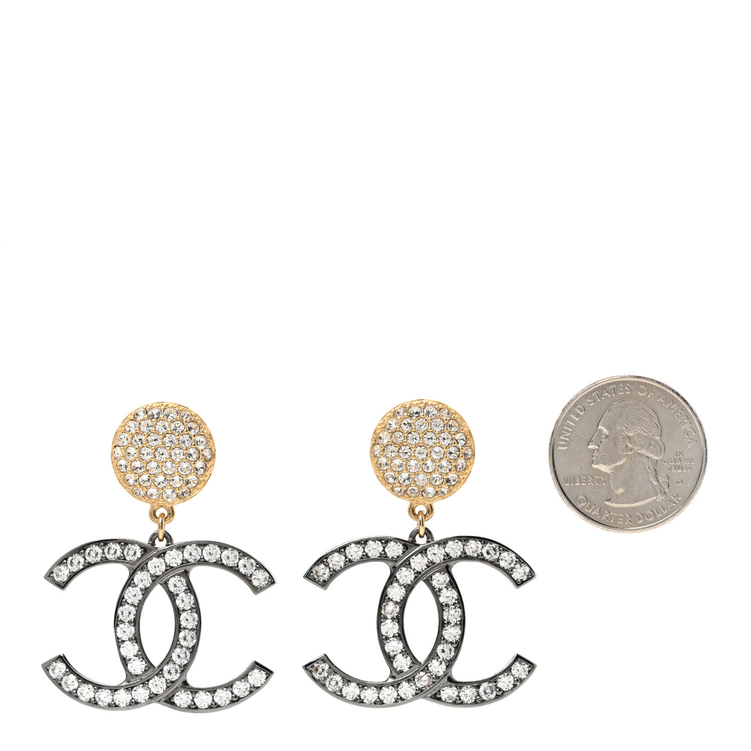 Chanel Crystal CC Drop Earrings Gold Silver 2 of 5