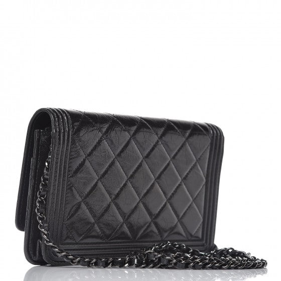 Shiny Aged Calfskin Quilted Boy Wallet On Chain WOC So Black