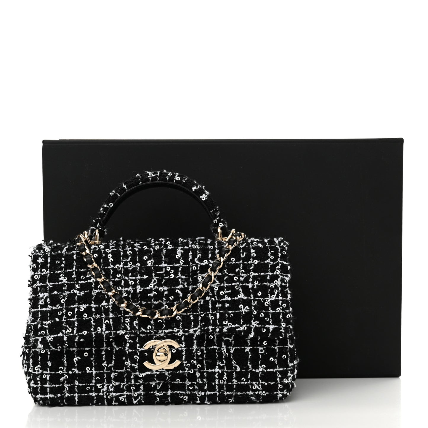 Tweed Quilted Mini Top Handle Rectangular Flap Black White