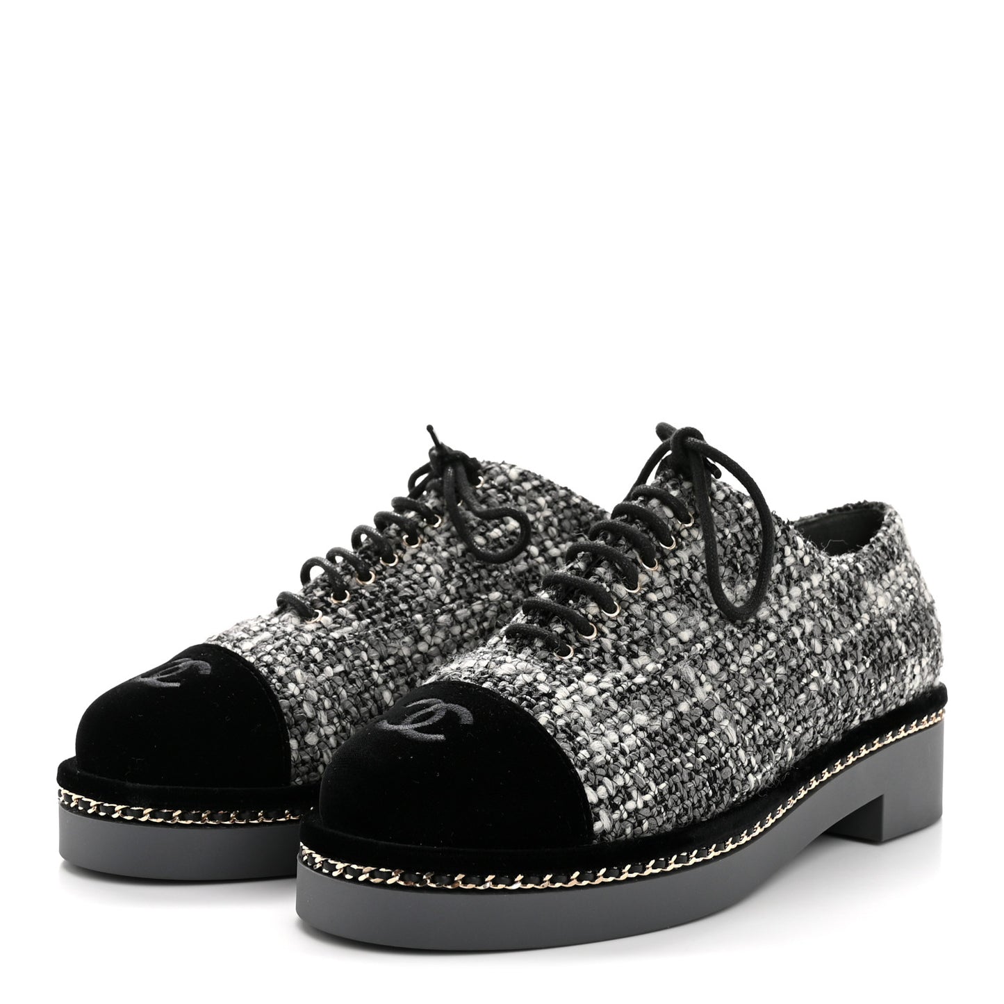 Tweed Suede CC Lace Up Oxfords 38.5 Grey Black