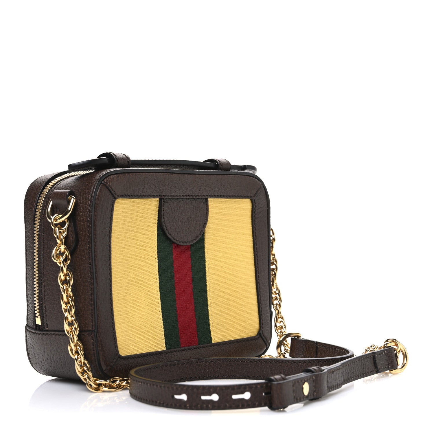 Gucci Canvas Textured Calfskin Web Mini Ophidia Top Handle Shoulder Bag Easy Yellow Dark Brown 3 of 10