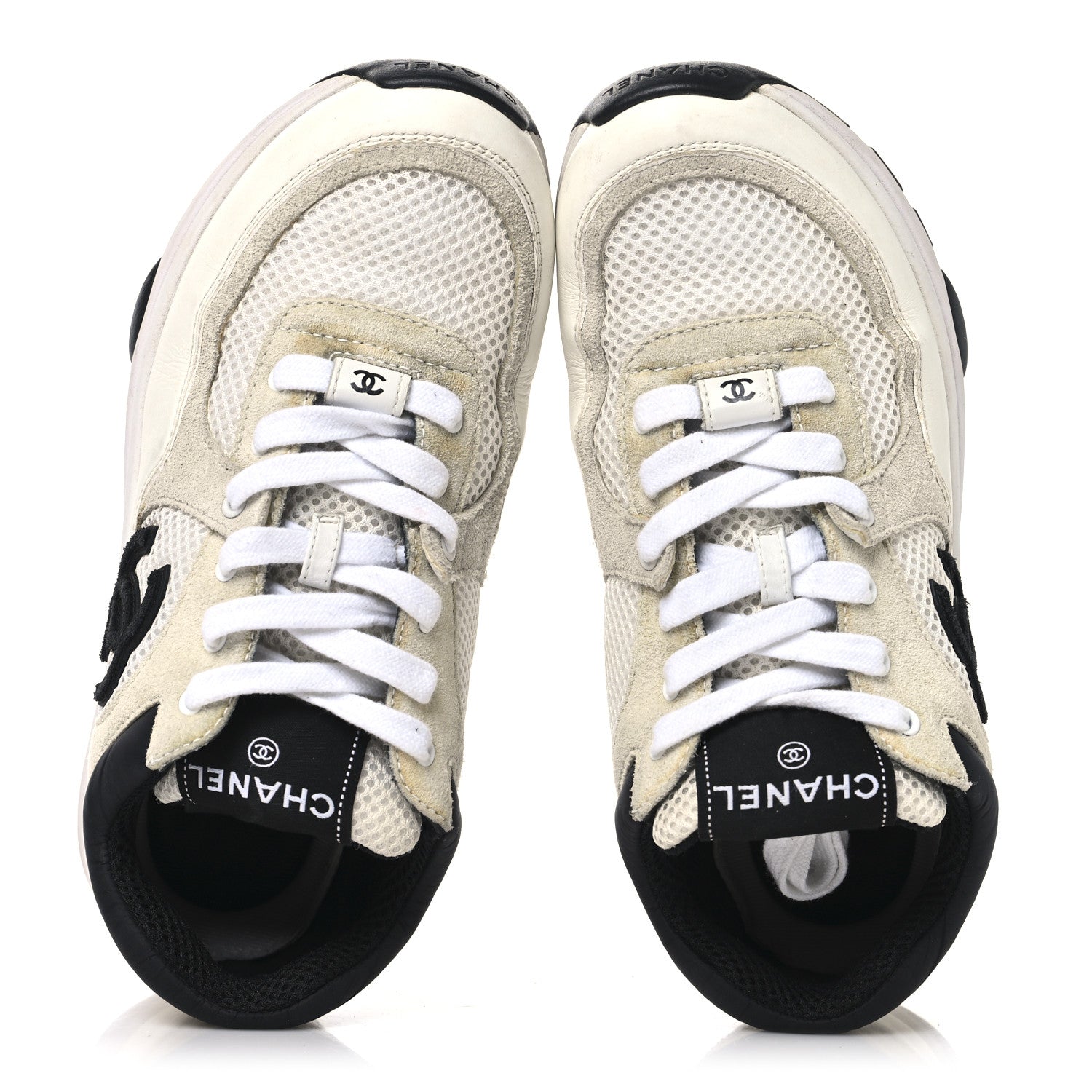 Chanel Mesh Suede Calfskin Grained Calfskin Womens CC Sneakers 37 White Black 2 of 9