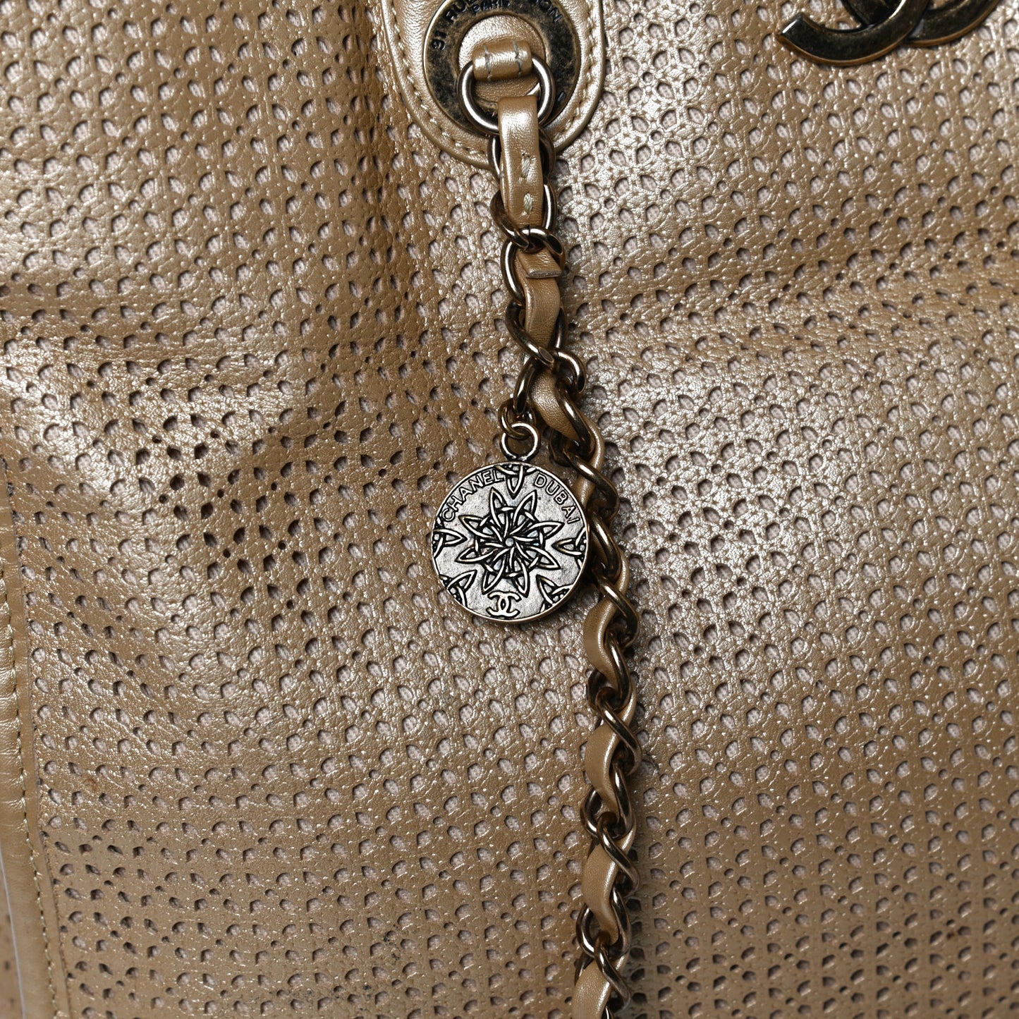 Metallic Calfskin Perforated Up In The Air Tote Gold