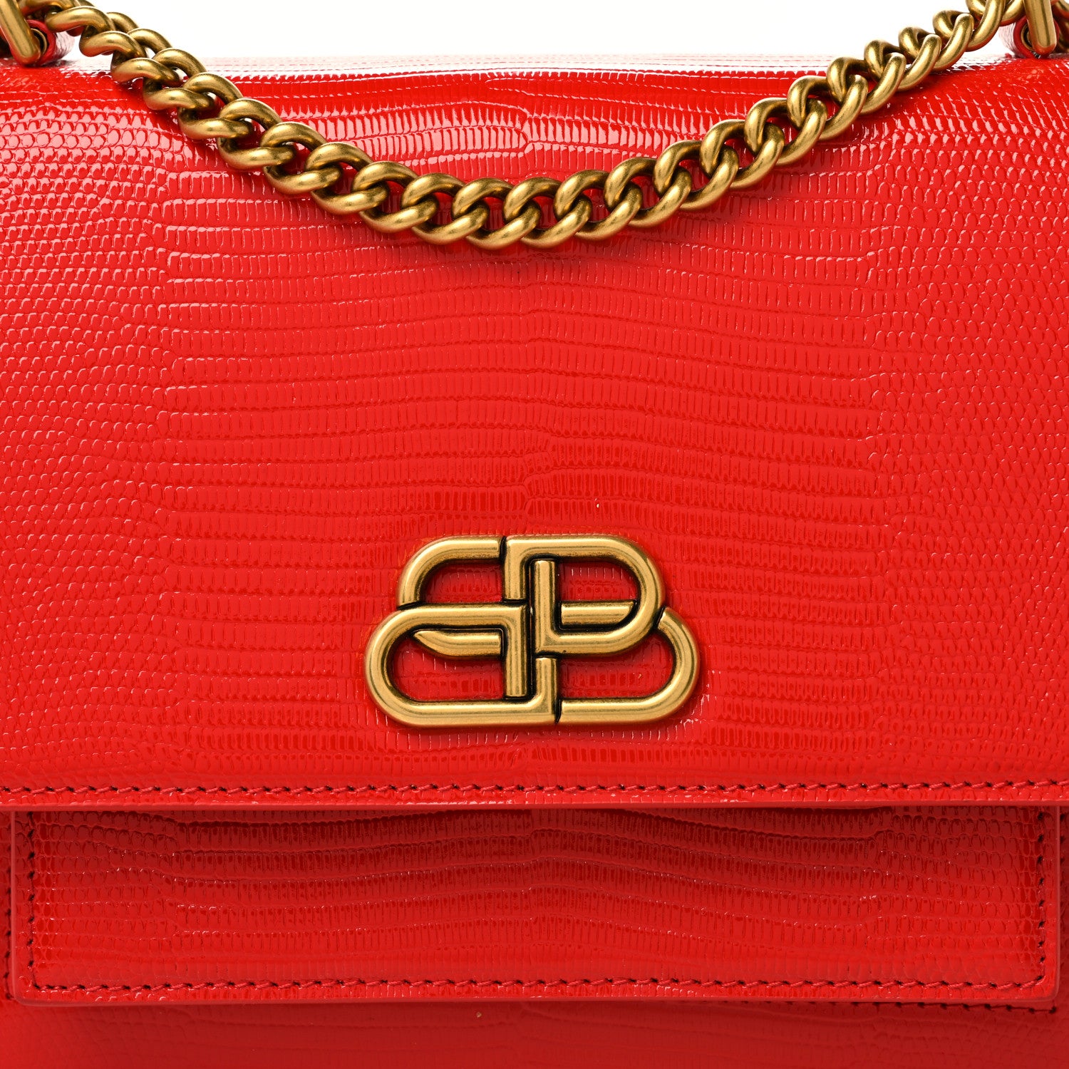 Balenciaga Patent Calfskin Lizard Embossed Sharp S Chain Satchel Vivid Red 7 of 9