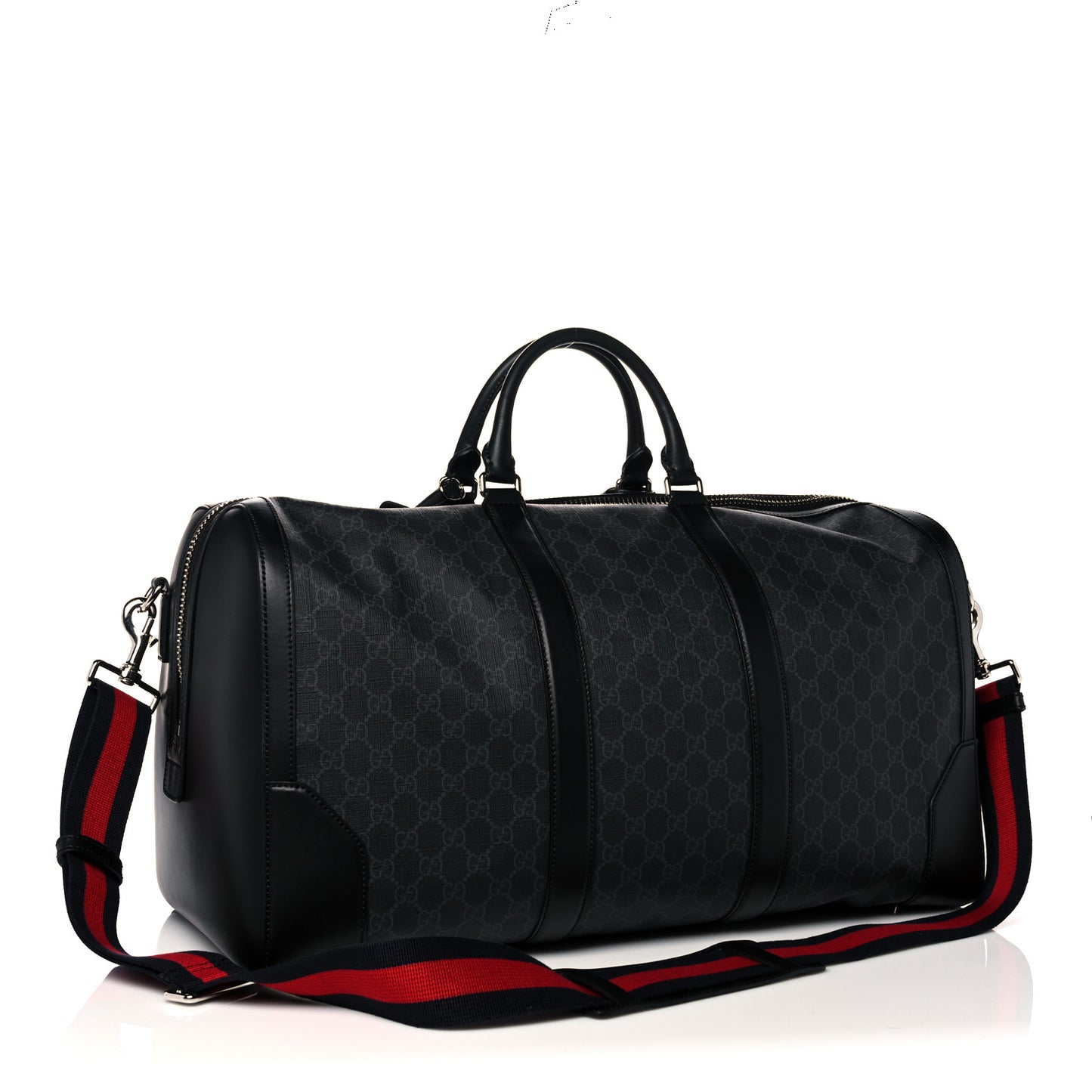 Soft GG Supreme Monogram Appia Calfskin Web Large Carry On Duffle Bag Black Grey